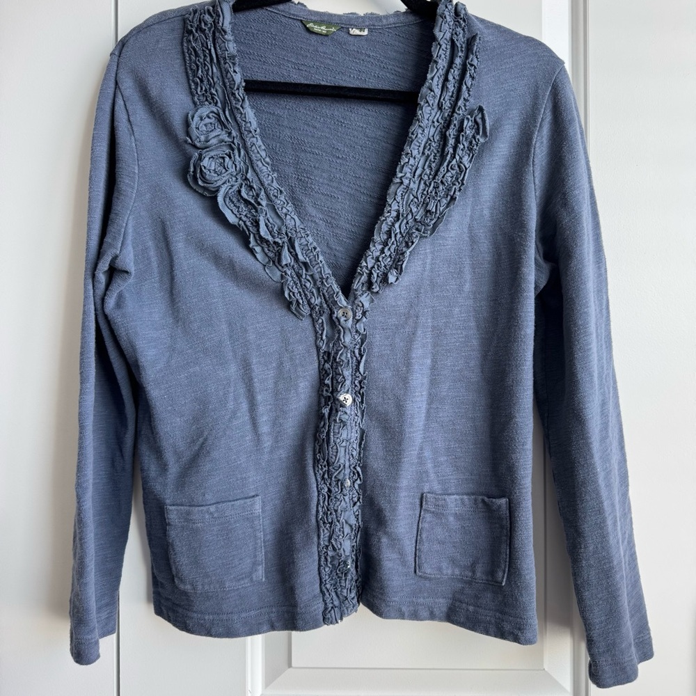 Eddie Bauer Ruffle Rosette V-Neck Cardigan Blue M
